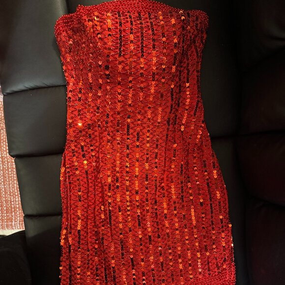 90s Demetrious Designs Red Beaded Strapless Mini Dress | Hand-Embellished Sequin - Picture 1 of 5